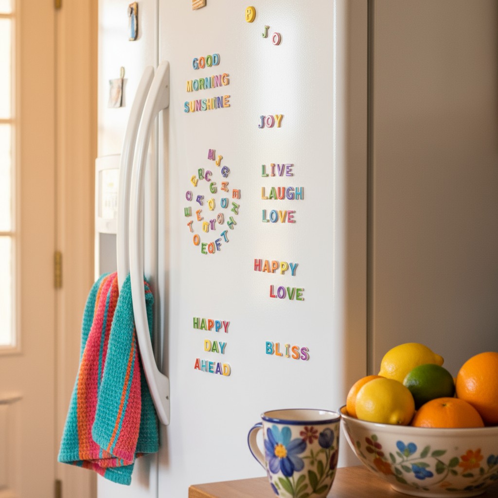 A white refrigerator covered in refrigerator magnets with inspirational messages and a stack of tea towels hangs on the do...