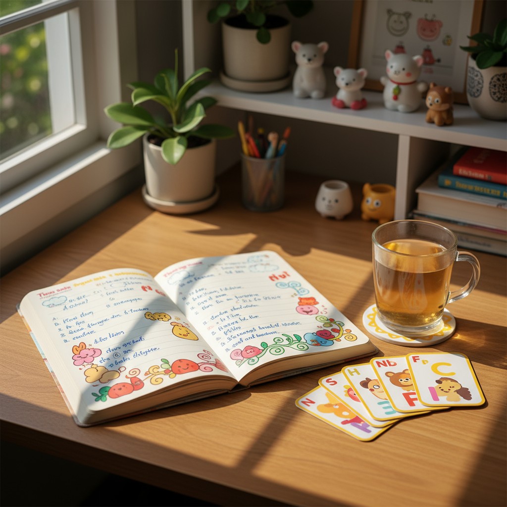 Vertical wooden desk in a sunny room with notebook, tea, and alphabet cards.