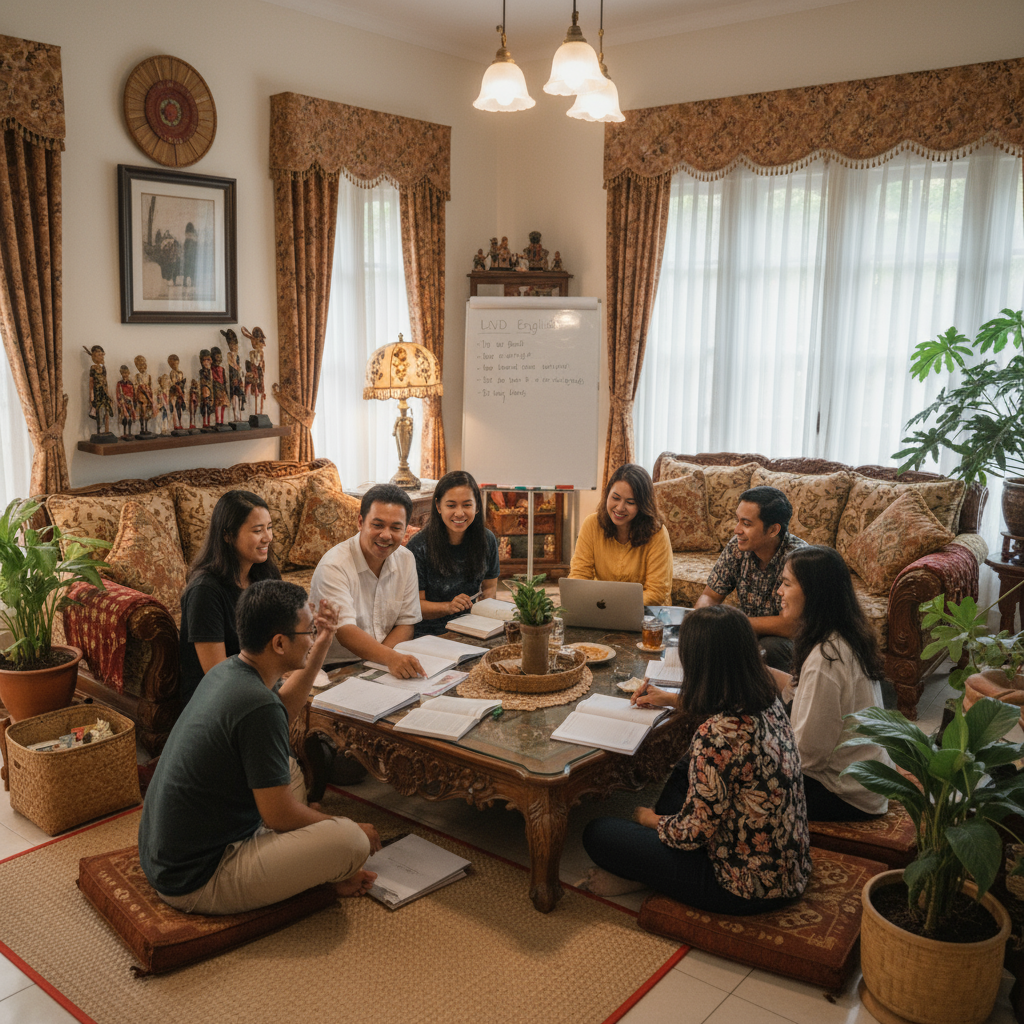 suasana belajar di LWD English di rumah, suasana hangat dan akrab, peserta belajar bersama di ruang keluarga dengan aksen dekorasi rumah Indonesia